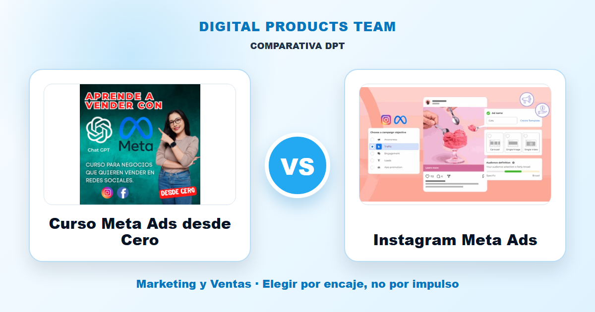 Comparativa DPT entre Curso Meta Ads desde Cero y Instagram Meta Ads con imagenes de ambos cursos