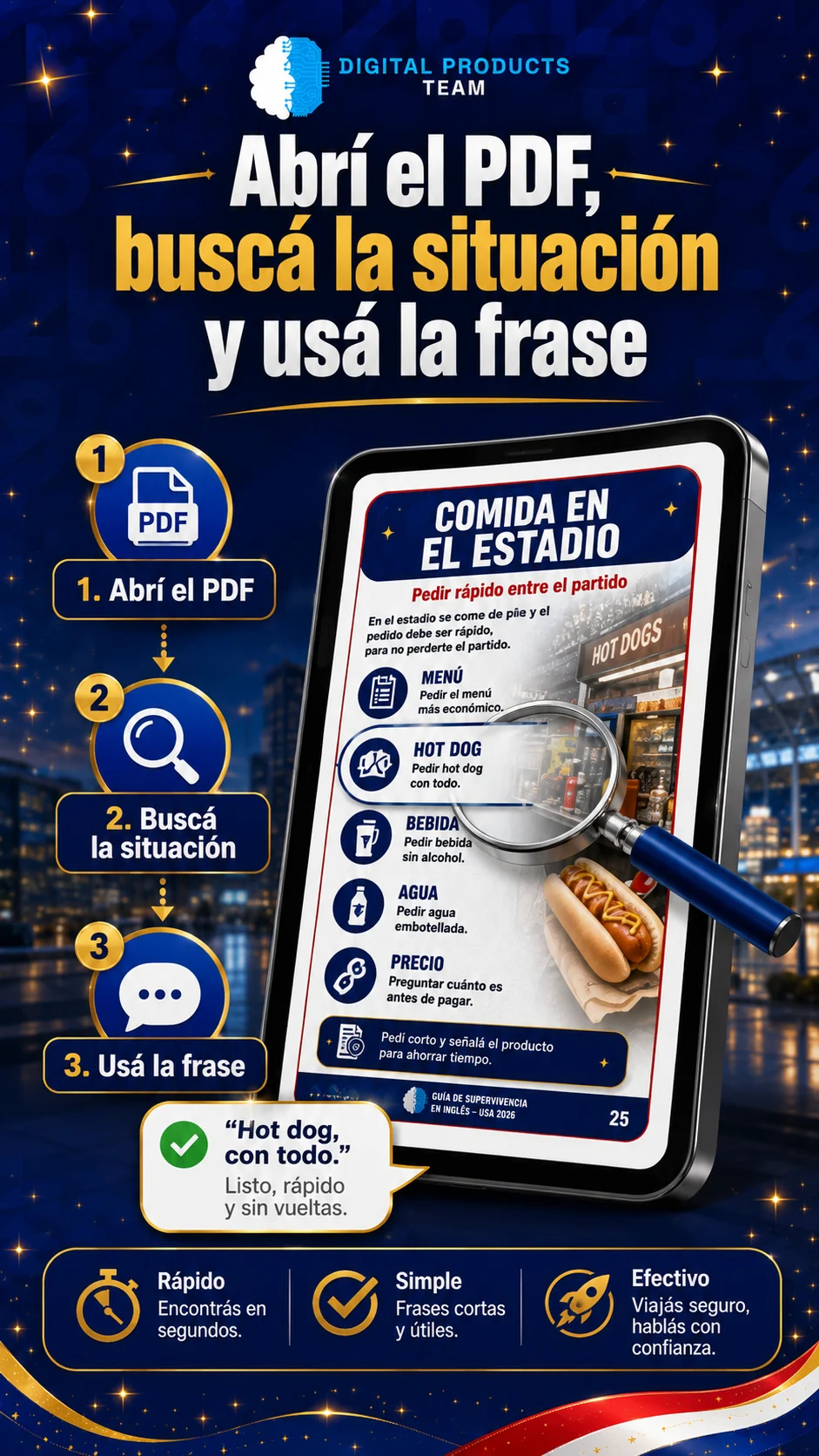 Cómo usar la guía del Mundial: abrí el PDF, buscá la situación, usá la frase — 3 pasos simples