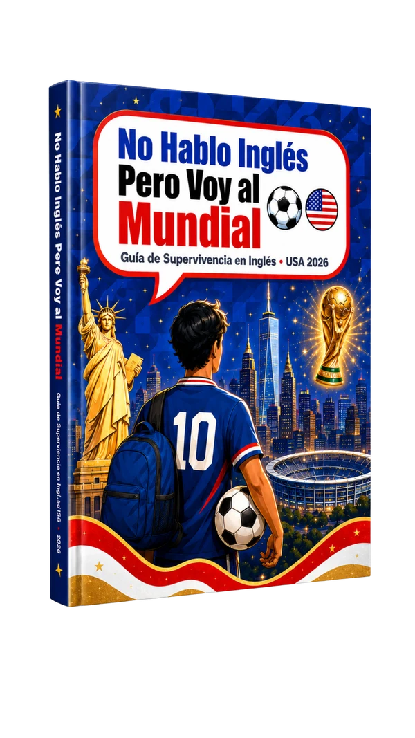 Mockup 3D del ebook No Hablo Inglés Pero Voy al Mundial — hincha con mochila frente al skyline de Nueva York